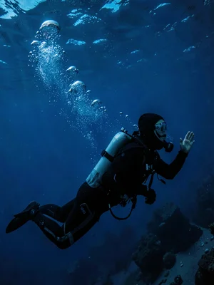Diver suspended in deep blue, bubbles the only evidence of breath, the lonelines