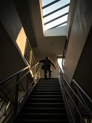 Staircase in a modern building with geometric metal railings, skylight above, pe