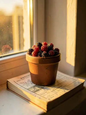 Warm still-life of a small pot of bramble berries on a windowsill beside a passb