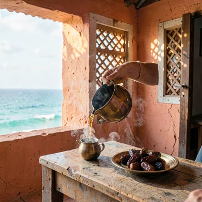 Coastal architecture photograph with Swahili influences, Arabic coffee being pou