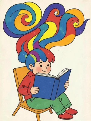 Child reading with swirling imagination