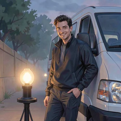 Portrait of a smiling driver leaning on the van fender at dusk, single warm lamp