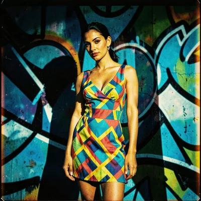 Cross-processed slide film photograph, Fashion model in bold geometric print dre