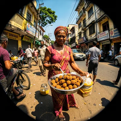Harsh equatorial noon light casting deep shadows, Woman selling fried akara from