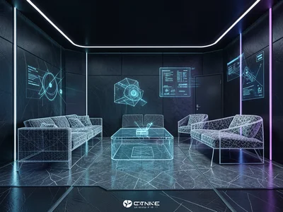 Room interior where furniture is wireframe but walls and floor are textured
