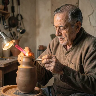 A patient Egyptian glass-blower in his forties shaping a vessel at the pipe end,