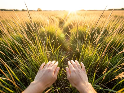 Hands touching tall grass while walking through prairie, golden light, first per