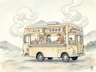 Food truck scene in ukiyo-e style, steam as decorative swirls, flat color food