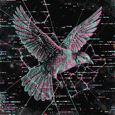Glitch art illustration, bird flying through broken pixels , digital corruption 