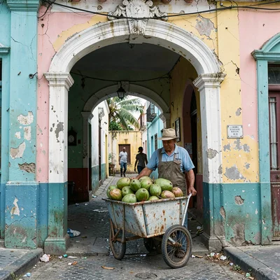 Havana preserved decay, improvised maintenance beauty, Man pushing a cart of fre