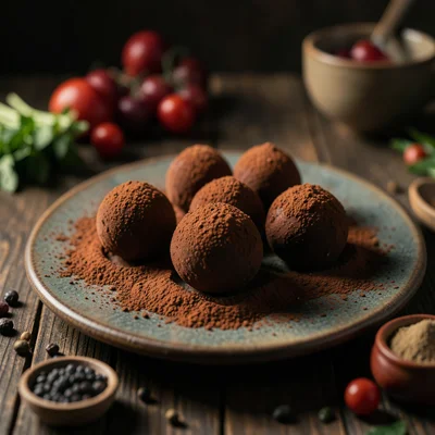 Close-up of chocolate truffles being dusted with cocoa powder, dark moody lighti