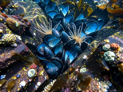 Mussel bed macro, hundreds of blue-black shells packed in parallel, byssal threa