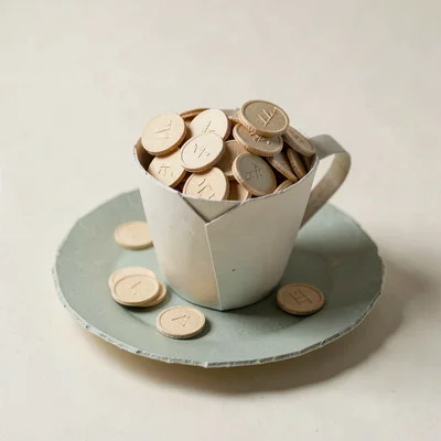 Cardstock cup overflows with tiny folded paper coins spilling onto a sage paper