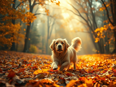 A breathtaking surreal landscape, dreamlike atmosphere,. a golden retriever playing in autumn leaves. , painted with ric
