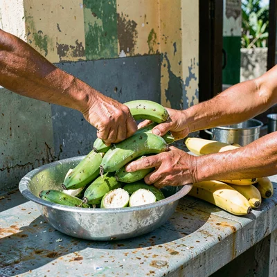 Documentary photograph with Jamaican yard aesthetic, Hands peeling green bananas