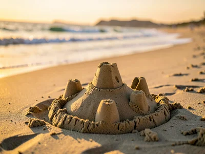 Family building sandcastle on wide sandy beach, waves in background, golden hour