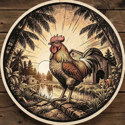 Craft beer label illustration, Rooster crowing at dawn over brewery , brewery la