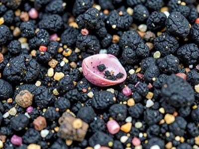 Shell fragment pink among black volcanic