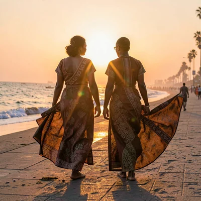 Peachy golden Dakar sunset light through sea haze, Couple walking on Corniche at
