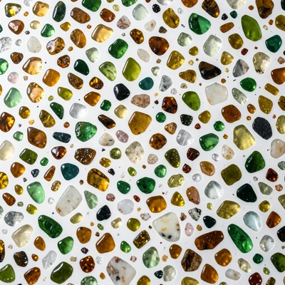 Recycled glass terrazzo: amber, green, and clear glass chips catching light, set