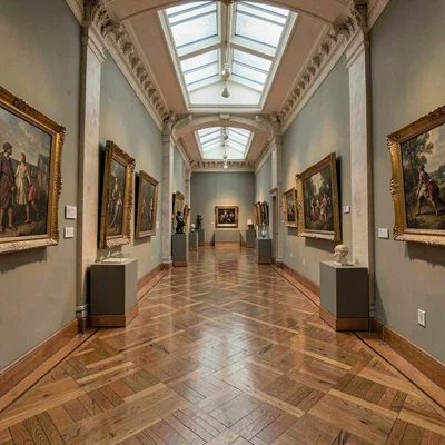 Atmospheric corridor of a museum with parquet floors and skylights overhead