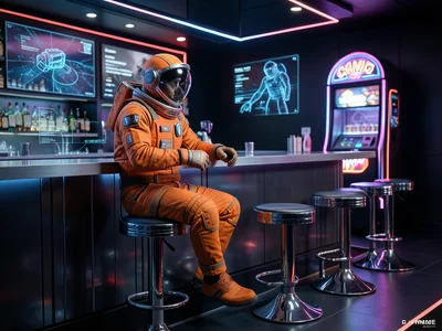 Astronaut in retro orange spacesuit sitting at diner counter, chrome stools, neo