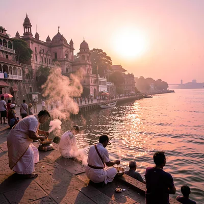Varanasi ghat dawn, Ganges pink-gold light, priest performing morning ritual, sm