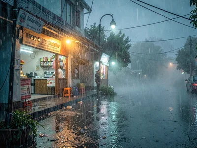 Rain backlit by shop light