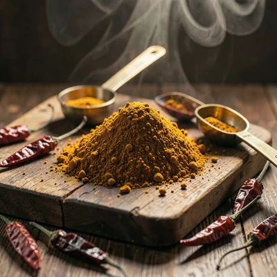 Intimate warm-toned photograph, Pile of turmeric and berbere spices on aged wood