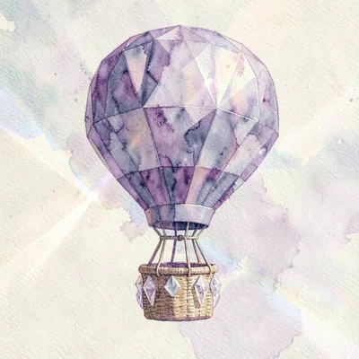 Amethyst lowpoly hot-air balloon with a faceted purple envelope and crystalline 