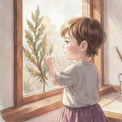 Painterly character-tile of a young child standing at a window with a kelp-stran