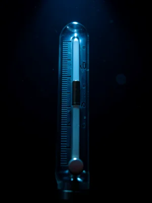 Mercury thermometer close-up, silver column against etched glass scale
