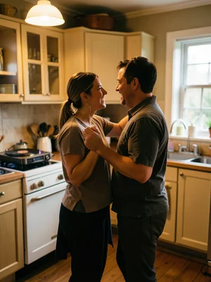 Couple dancing in a cozy kitchen, vinyl record player in the background, warm tu