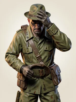 A weary infantryman, hat in hand, presses his other gauntleted palm flat against