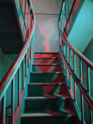 A spiral staircase looking upward with the anaglyph offset emphasizing the helic