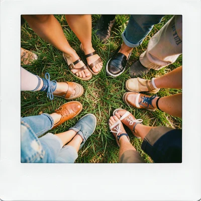 Friends' feet in a circle on grass, different shoes and sandals, seen from above