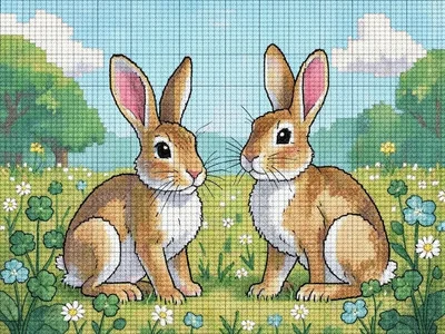 Cross-stitch rabbits in meadow