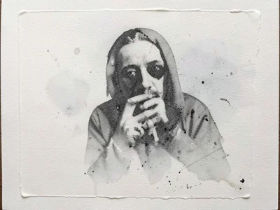 Ghost print from second pull, residual ink creating pale shadow of the original 