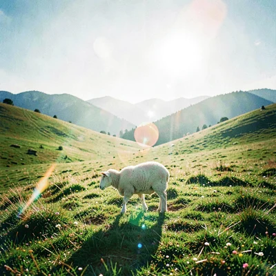One white sheep grazing at the center of a perfectly symmetrical hillside with m