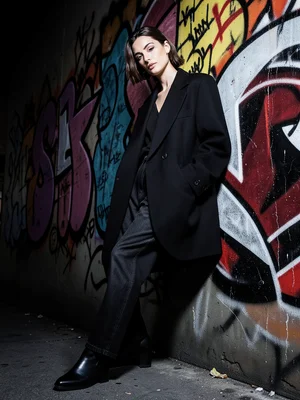 Model in an oversized blazer leaning against a graffiti wall, high contrast stre