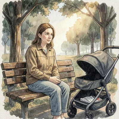 Quiet portrait of a parent pausing at a park bench with the stroller beside them