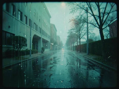 Rainy day through Holga with color cast turning everything teal and melancholy, 