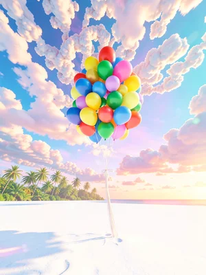 Joyful balloon-cluster sculpture rising into a fractal cumulus sky over an empty