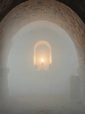 Vaulted cellar with arched bricks vanishing in haze, a single warm candle in a n
