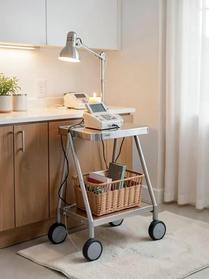 Walker frame with basket containing books and candle, assisted living hygge