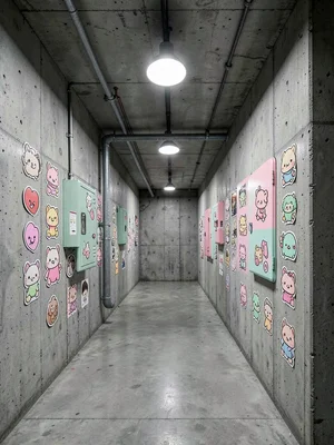 Kawaii stickers covering electrical junction box, industrial hallway, playful va