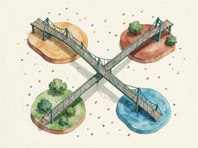 Multiple bridges painted in dusty teal and terracotta connect four small island