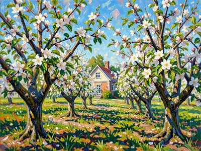 Apple orchard in blossom, a farmhouse glimpsed through the white canopy