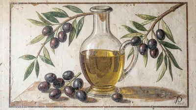 Fresco-style illustration, olives and olive oil , painted into wet plaster, pigm