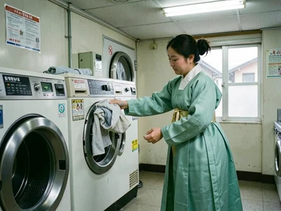 Woman in seafoam green hanbok loading clothes into industrial washing machine at